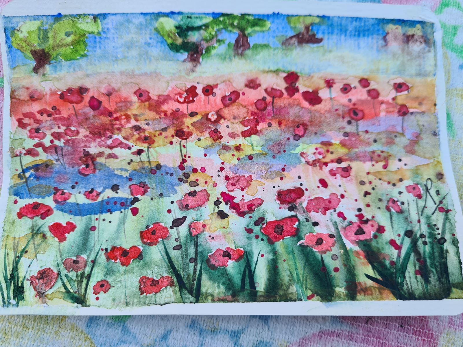 technique-aquarelle-débutant-peinture-à-l'eau-facile-champ-de-fleurs-pas-à-pas-carte-à-offrir